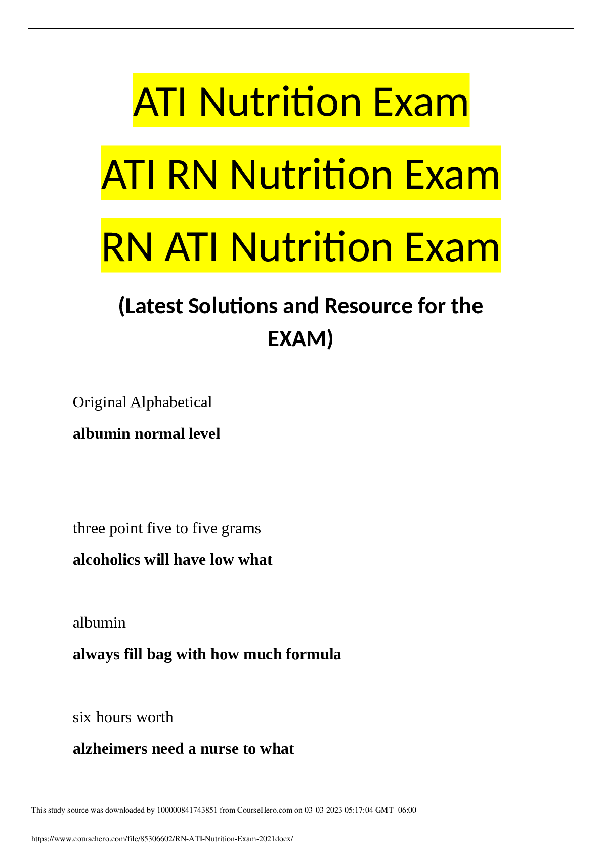 Preview image for RN ATI Nutrition Exam 2021
